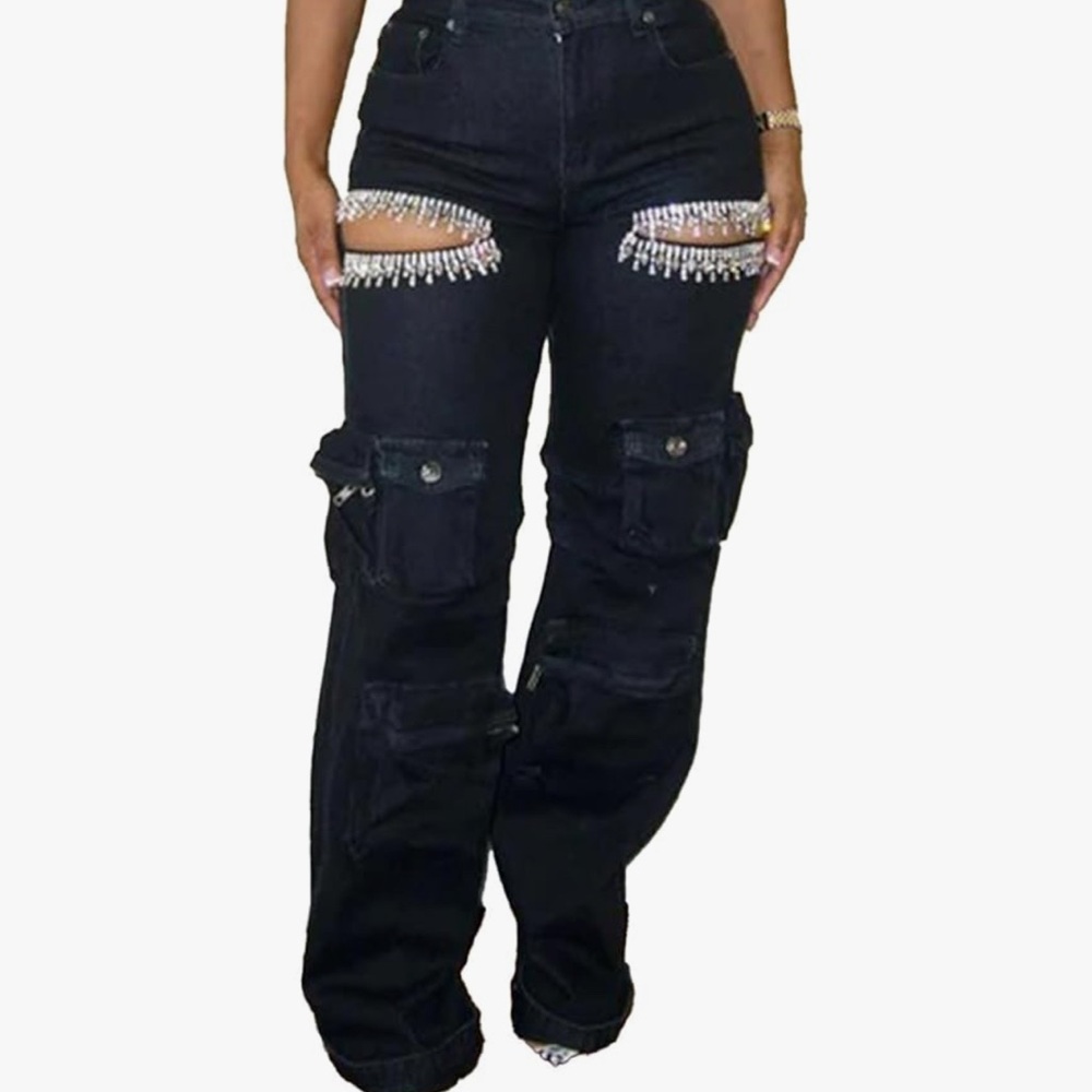Black Embellished Cut-Out Wide Cargo Jeans